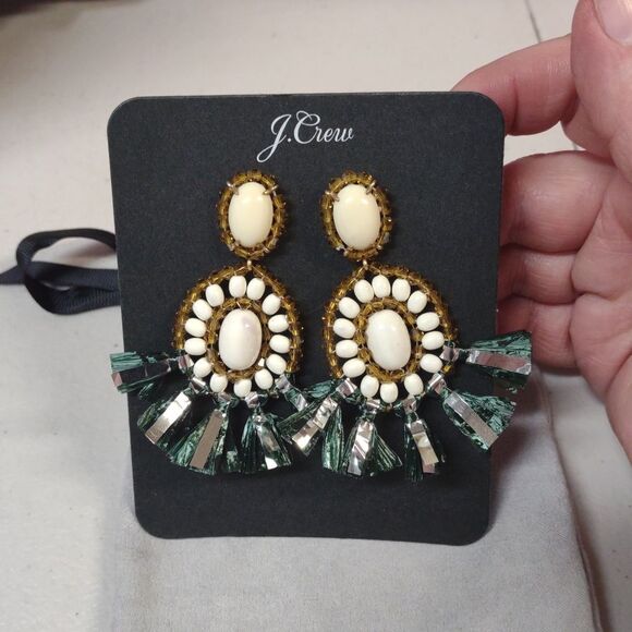 J. Crew Cream and Dark Green Fringe Earrings - Picture 2 of 3